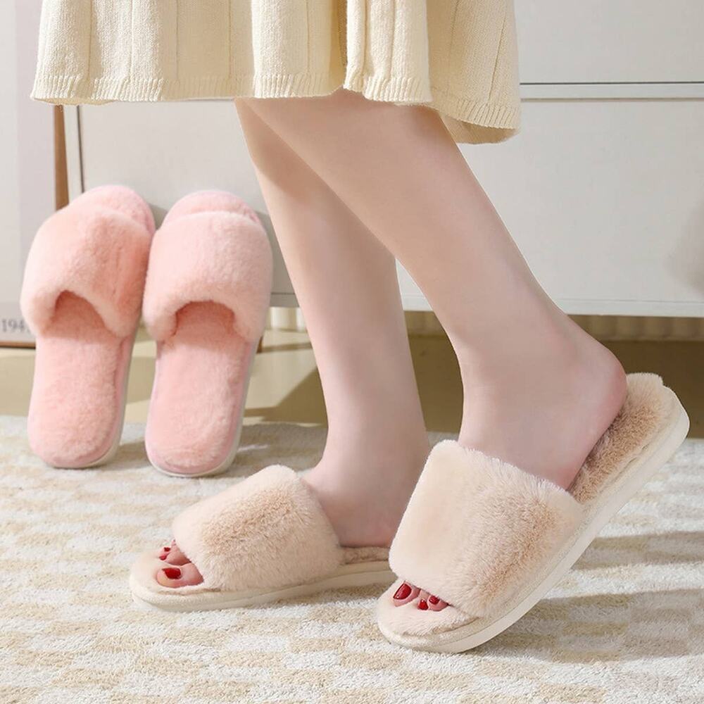 Faux Rabbit Fur Slippers For Women Cream Color - Picture 2 of 5